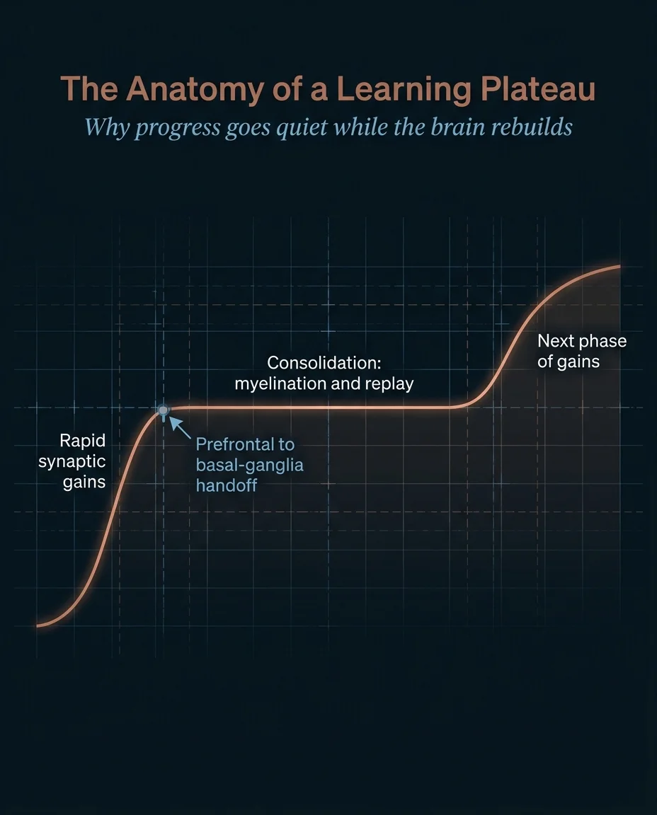 Skill-acquisition curve flattening into a learning plateau, the prefrontal-to-basal-ganglia handoff marked at the inflection.