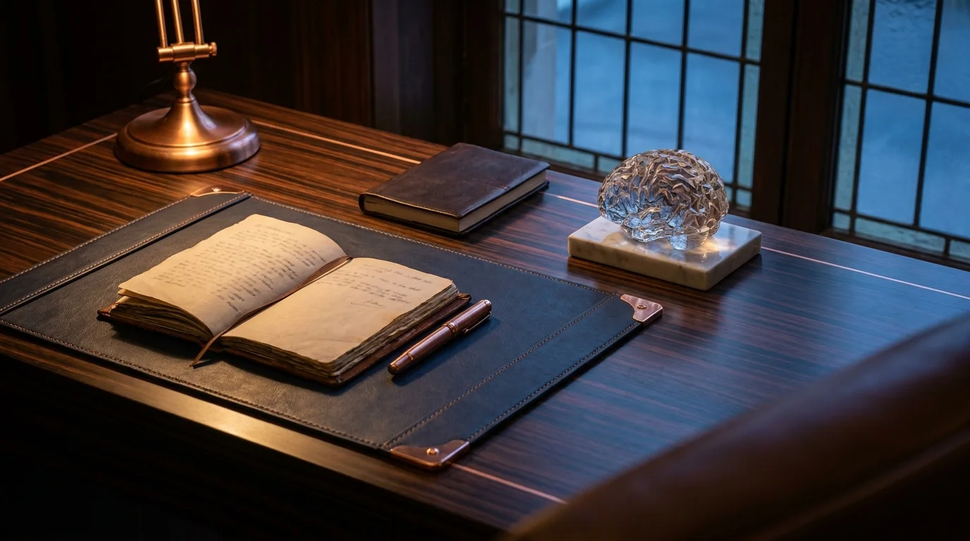 Private study desk at dusk, leather notebook, copper pen, crystal brain sculpture: the deliberate work past a plateau.