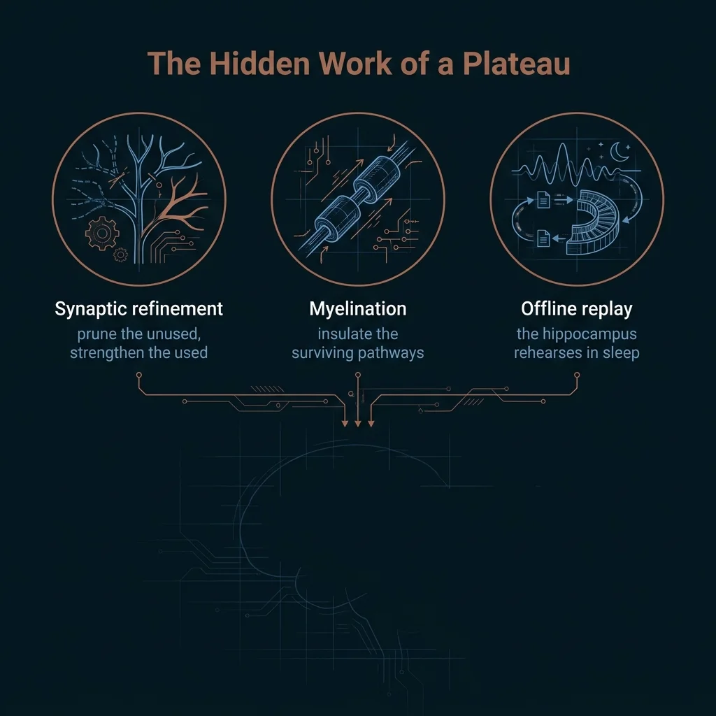 Synaptic refinement, myelination, and overnight replay diagram, the hidden brain work of a learning plateau.