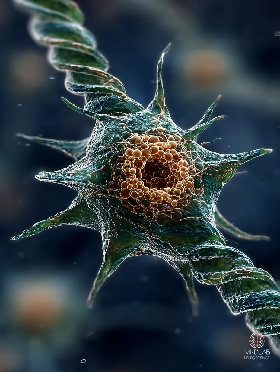An extreme close-up of a single oligodendrocyte wrapping a luminous myelin sheath around an axon, deep navy tissue background – Dr. Sydney Ceruto, MindLAB Neuroscience.