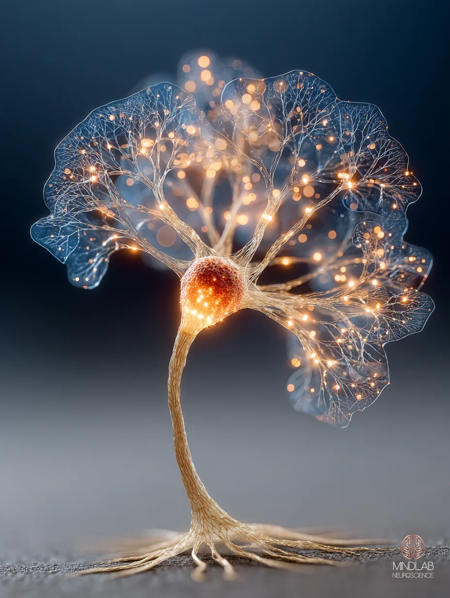 A single hippocampal pyramidal neuron with sharp-wave ripple activity rendered as luminous copper striations across the dendritic field – Dr. Sydney Ceruto, MindLAB Neuroscience.