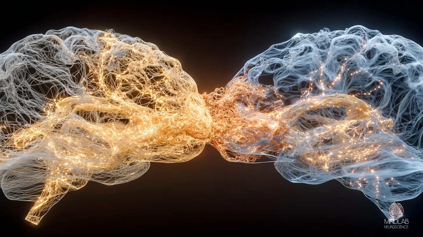 Medial prefrontal cortex and temporoparietal junction suspended in deep navy with copper neural filaments – Dr. Sydney Ceruto, MindLAB Neuroscience.
