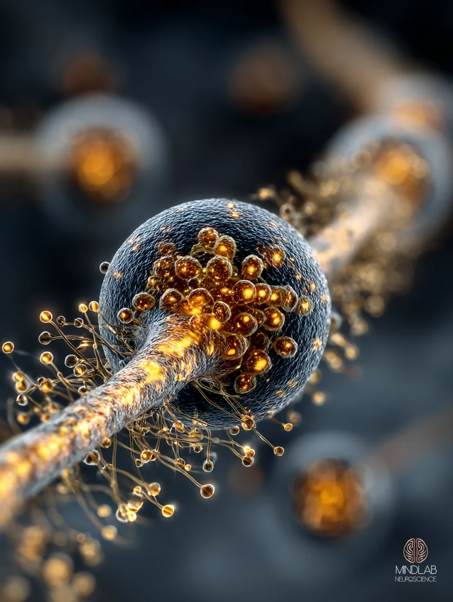 Macro neural close-up of medial prefrontal rehearsal circuits steadying the amygdala before a high-stakes moment, luminous copper filaments on a deep navy field. By Dr. Sydney Ceruto, MindLAB Neuroscience.