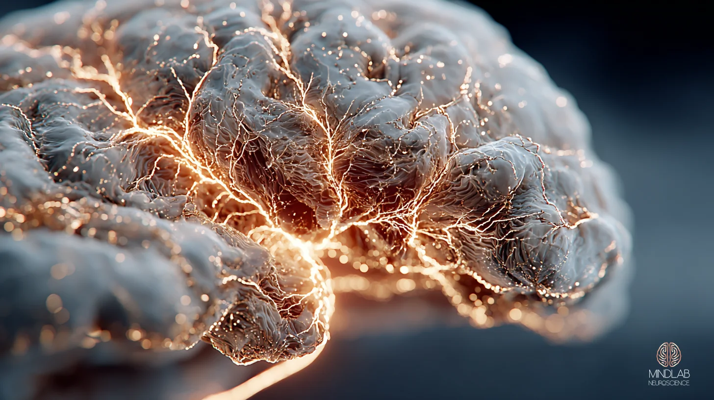 Prefrontal cortex hemodynamic activity during cognitive load in deep navy with copper neural pathways – Dr. Sydney Ceruto, MindLAB Neuroscience.