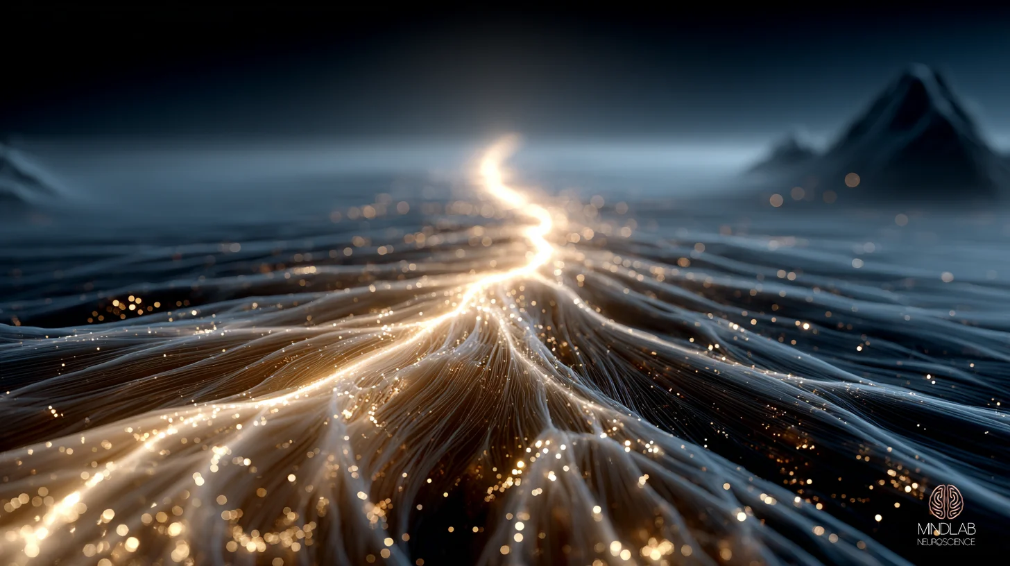 Atmospheric macro view of the corticospinal tract descending as a luminous bundle of burnished gold fibers through deep navy-black space, the long-range motor pathway visualized as a single coherent system rather than a single neuron. This scientific closer illustrates the route by which PETTLEP mental rehearsal exerts corticospinal facilitation: converting imagined movement into measurable downstream output – Dr. Sydney Ceruto, MindLAB Neuroscience.