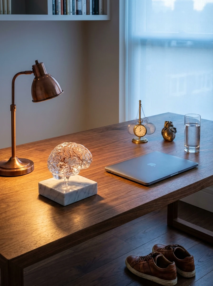 Editorial study scene with a glowing crystal brain, a brass stopwatch, a bronze heart, and a glass of water, evoking movement.