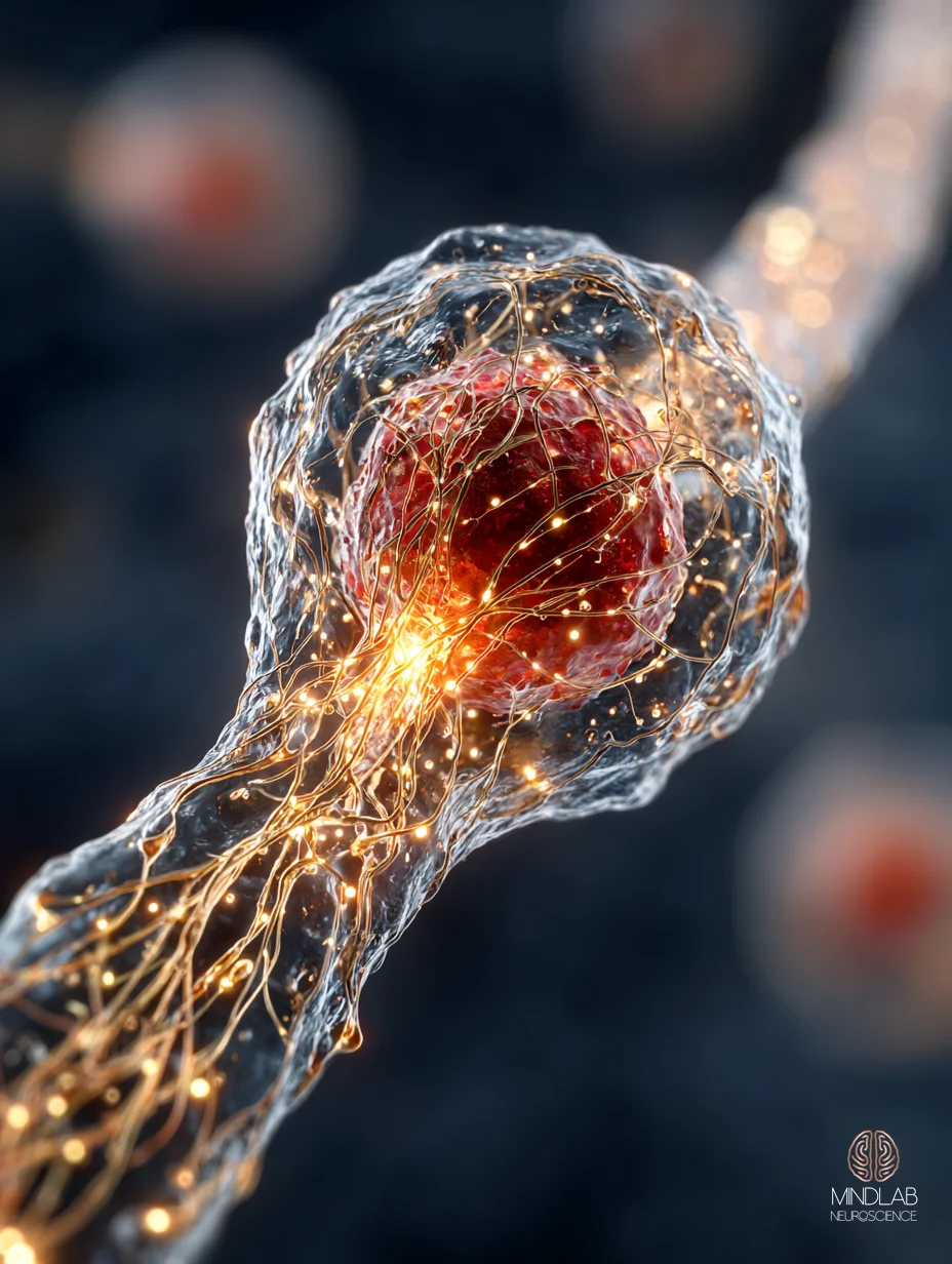 Macro neural close-up of an oligodendrocyte wrapping an active axon in fresh myelin, copper sheaths banding a deep navy field. By Dr. Sydney Ceruto, MindLAB Neuroscience.