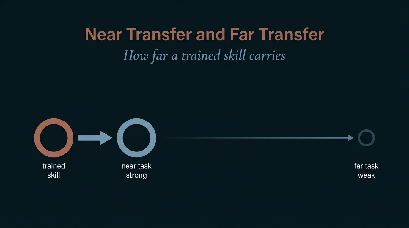 Near and far transfer diagram showing a trained skill carrying strongly to a similar task and weakly to a distant, different context.