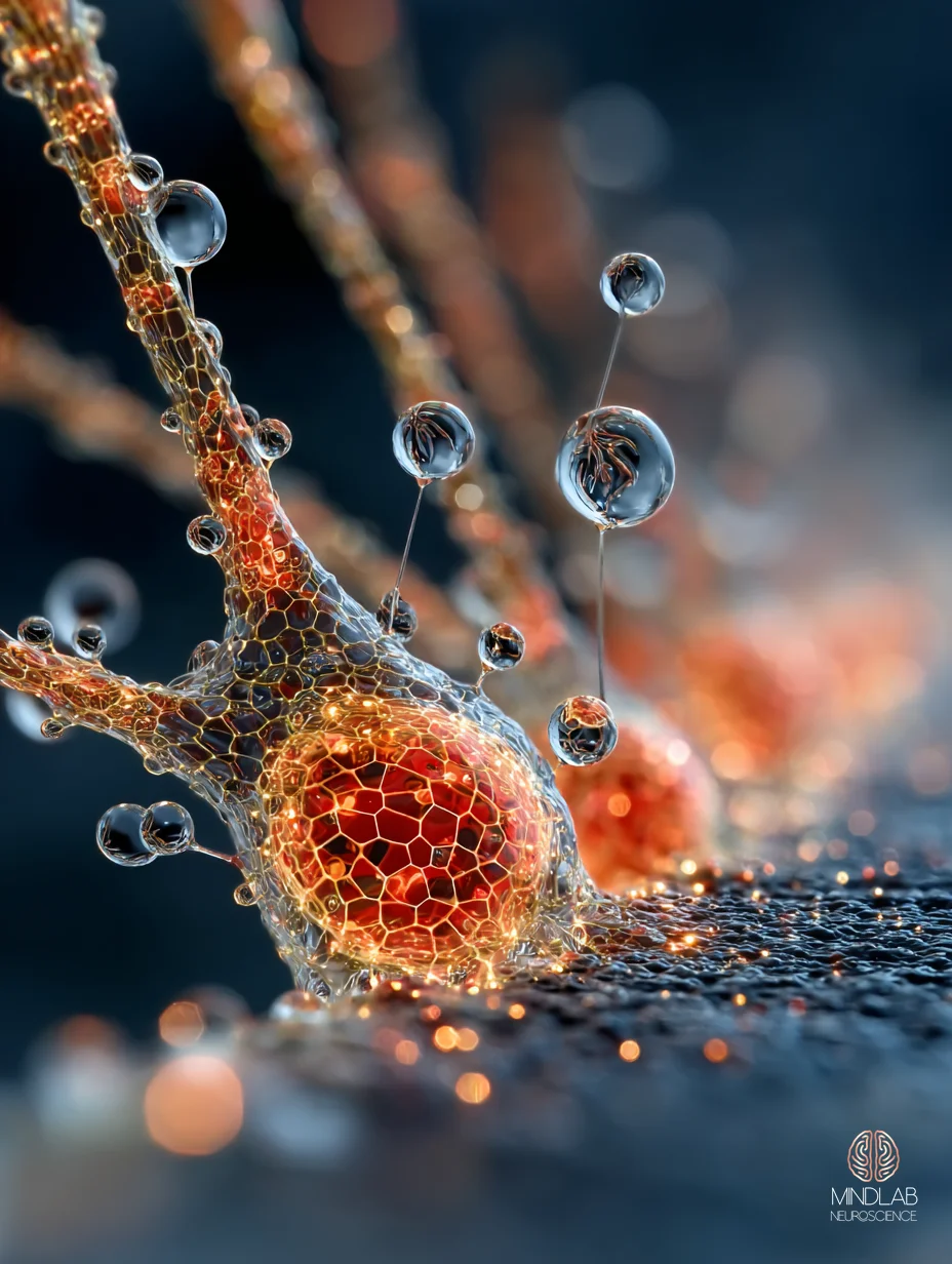Basolateral amygdala microscopy close-up with copper receptor glow, 5-HT receptor gating in OCD, Dr. Sydney Ceruto, MindLAB Neuroscience.