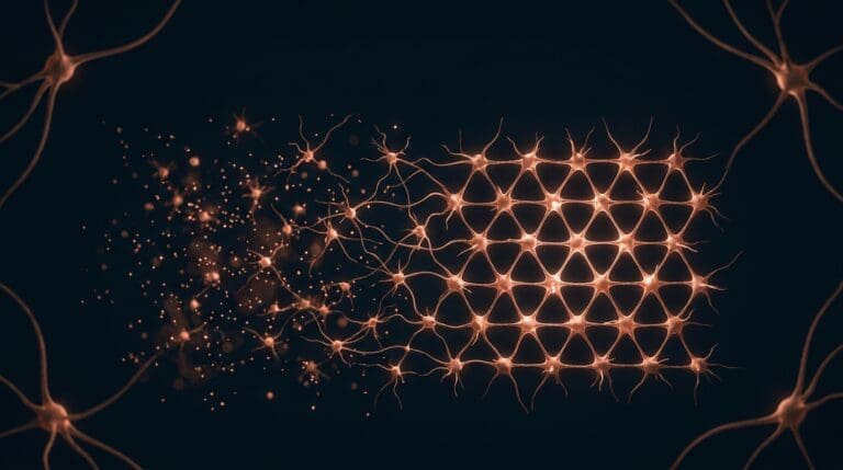 Pattern recognition and cognitive automation, rendered as scattered points crystallizing into a lattice in copper on navy.