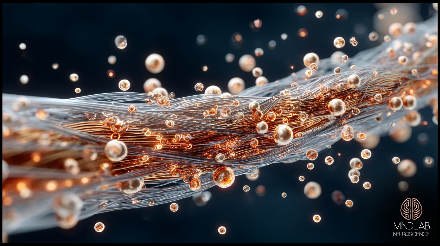 Descending endogenous-opioid pain-gating pathway restored — woven rose-copper signal fiber bundle at macro scale with nodes of Ranvier and mu-opioid receptor highlights — Dr. Sydney Ceruto, MindLAB Neuroscience.