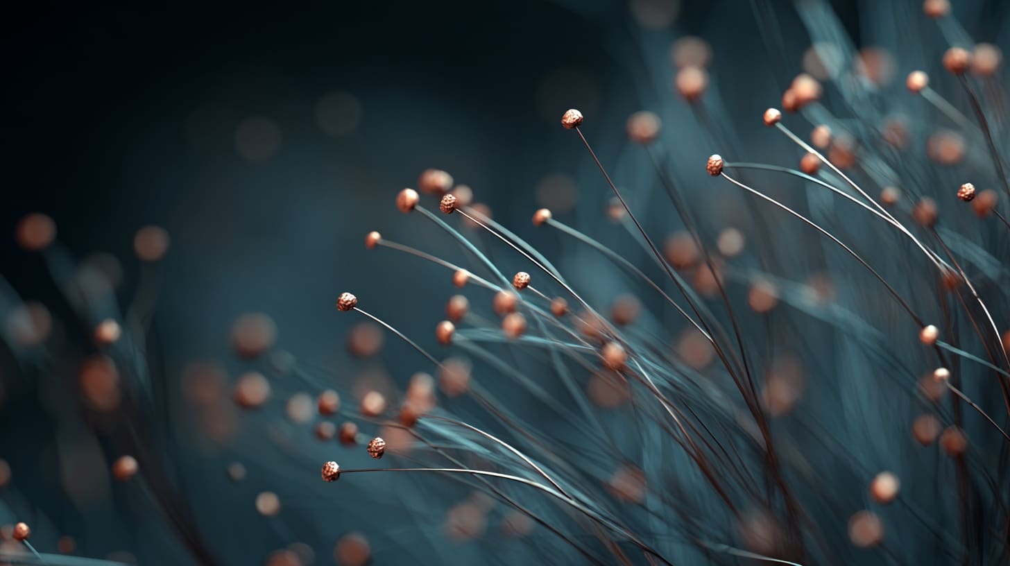 A few slender copper-tipped filaments of light reaching and growing upward across deep navy, alive and still building