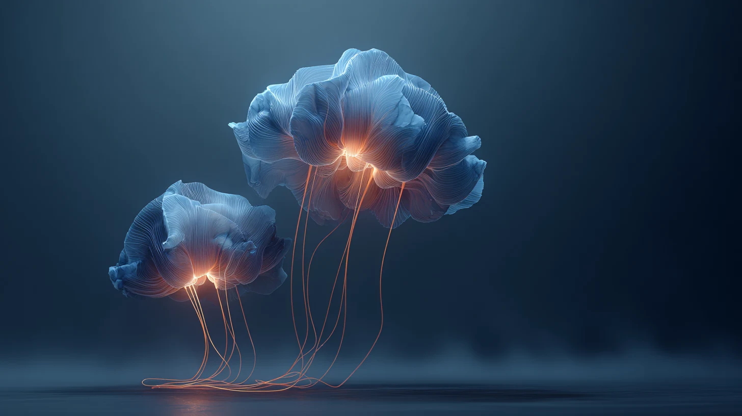 Two neural structures on navy with a copper signal path turning down the brighter lower structure, reappraisal calming the alarm