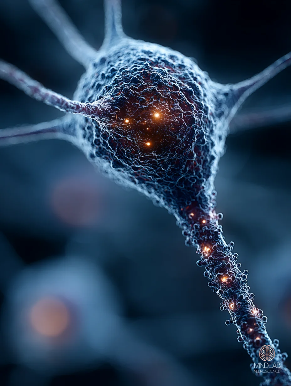 Prefrontal inhibitory circuit rendered in copper on deep navy, fine parvalbumin-interneuron detail evoking a miscalibrated brake. Dr. Sydney Ceruto, MindLAB Neuroscience.