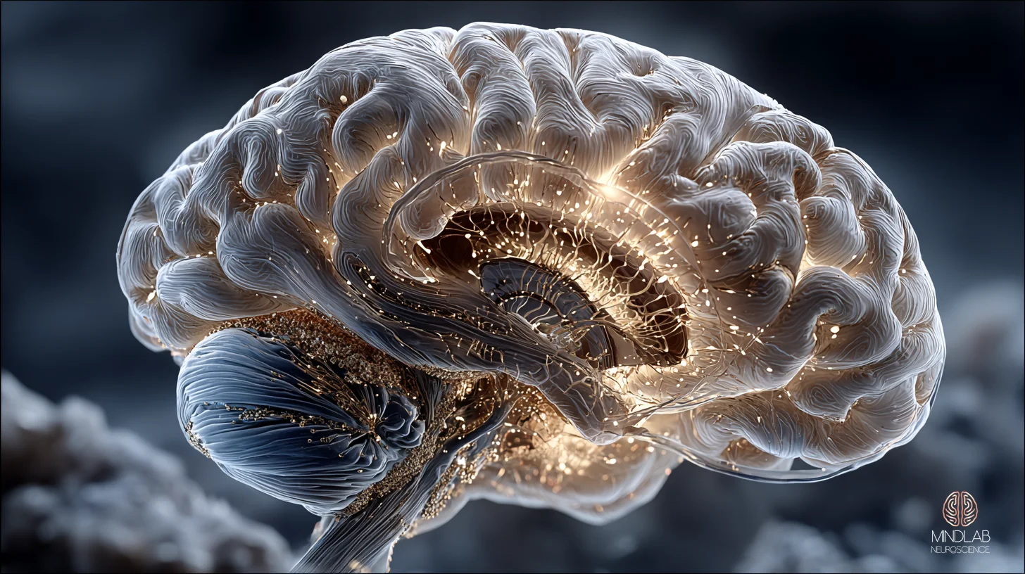 A single dorsolateral striatum rendered as a deep, anchored neural root mass in burnished gold, its branching striatonigral and striatopallidal filaments extending downward through navy-black space with quiet bioluminescent pulses tracing the locked-in habit pathways. The structure conveys the resolution stage of procedural learning, the substrate where refined motor sequences become unconscious competence. – Dr. Sydney Ceruto, MindLAB Neuroscience.