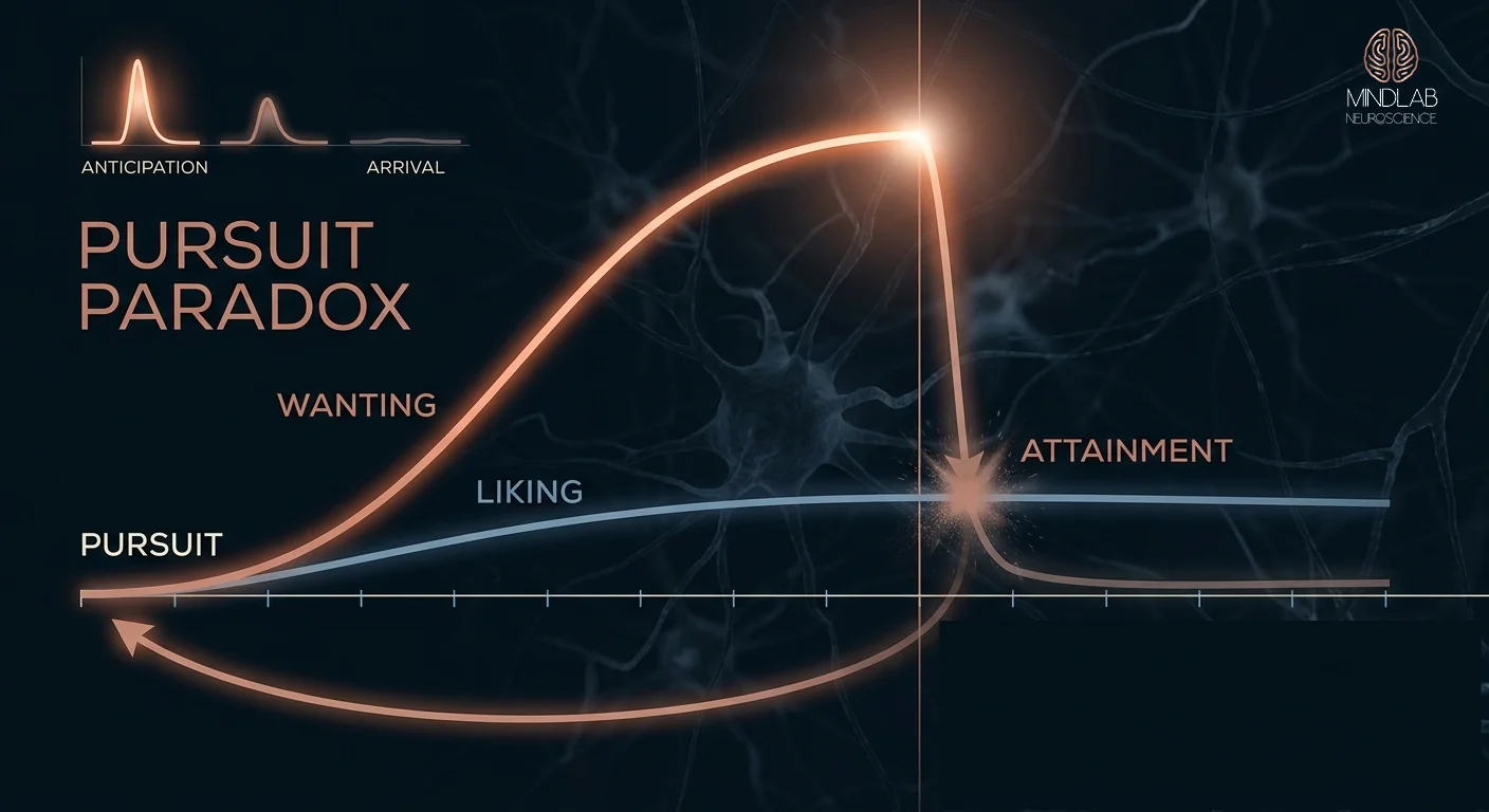 Pursuit Paradox infographic, the wanting curve rising while liking falls, dopamine reward collapsing at attainment.