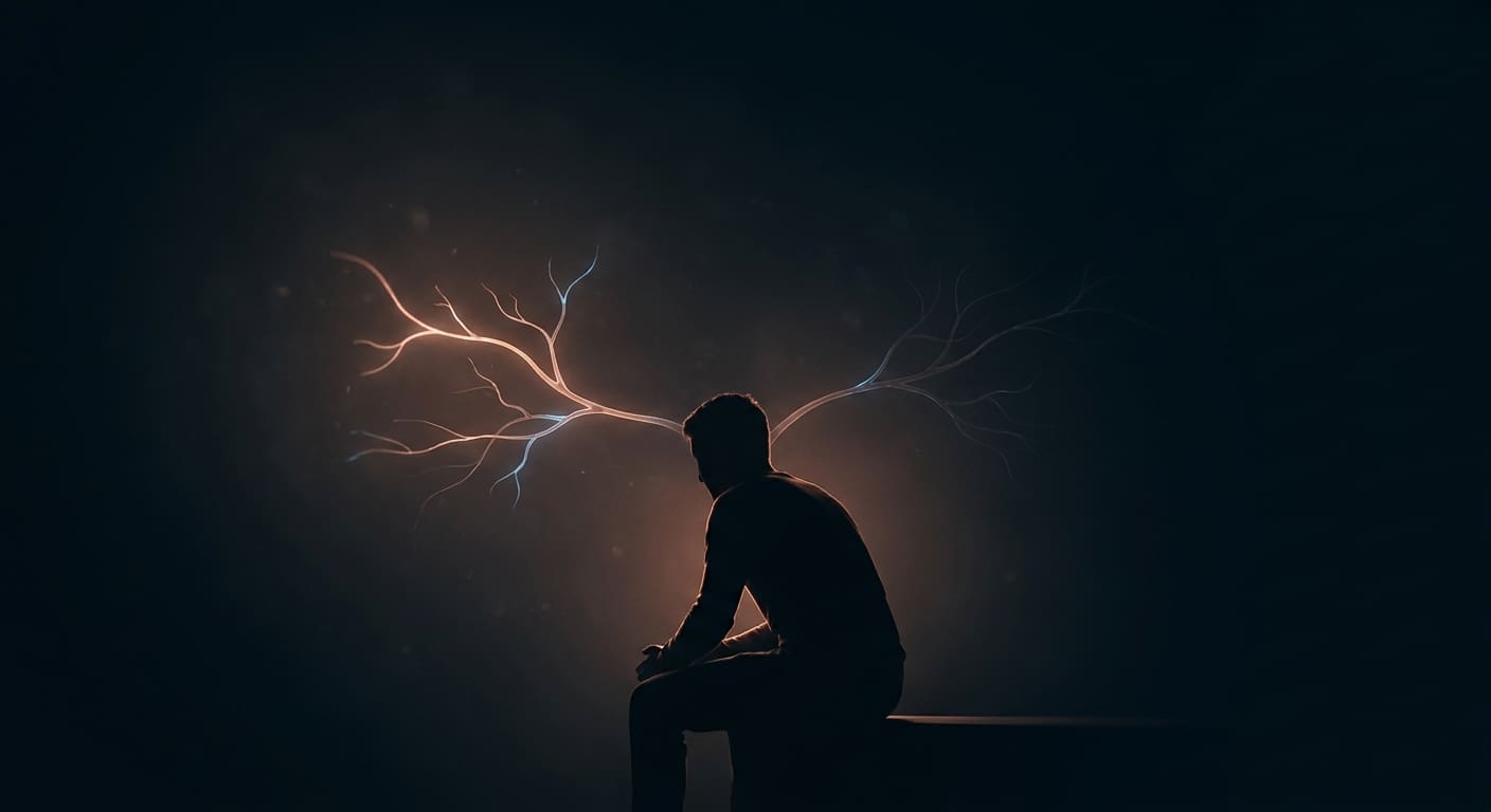 Backlit silhouette in the live decision moment as one neural pathway strengthens and an old one dims, real time rewiring.