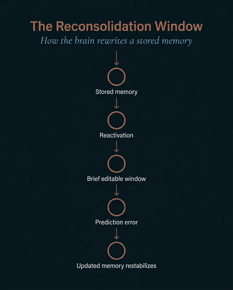 Reconsolidation update window diagram: stored memory, reactivation, a labile window, prediction error, updated memory restabilizes.