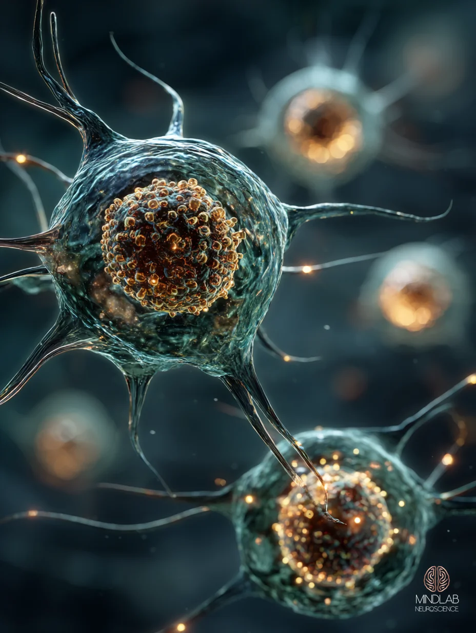 Macro neural close-up of the amygdala and hippocampal circuit rehearsing emotional memory during REM sleep, luminous copper filaments on a deep navy field as the locus coeruleus falls silent. By Dr. Sydney Ceruto, MindLAB Neuroscience.