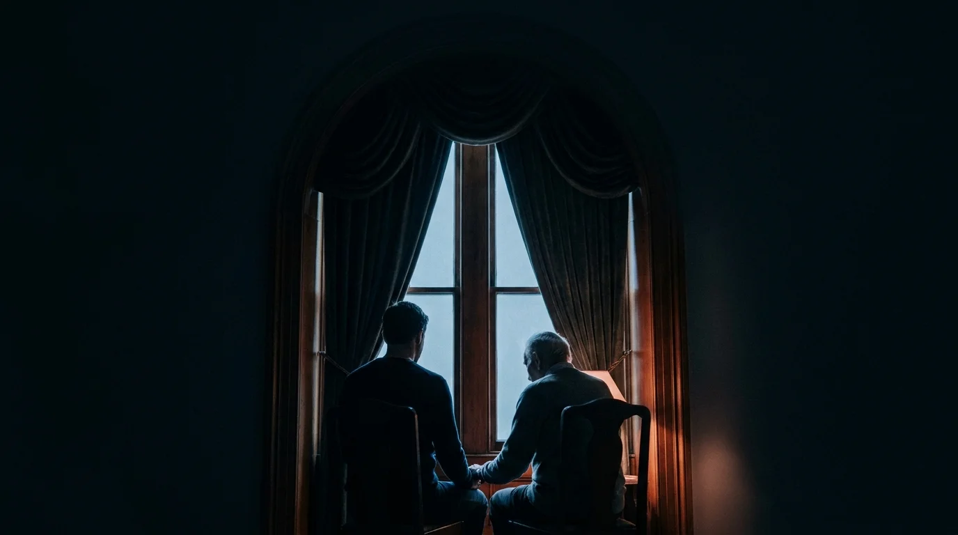 Quiet silhouette of an adult beside an older parent at a window in low directional light, the anticipatory grief of a changing parent.
