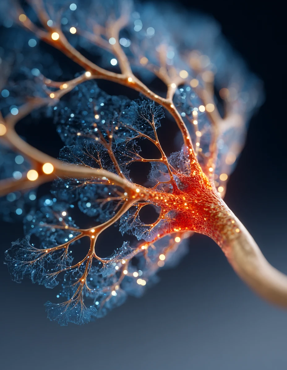 Neural close-up of a stress-worn circuit, dimmed copper prefrontal architecture beside a brighter, more reactive amygdala node in navy.