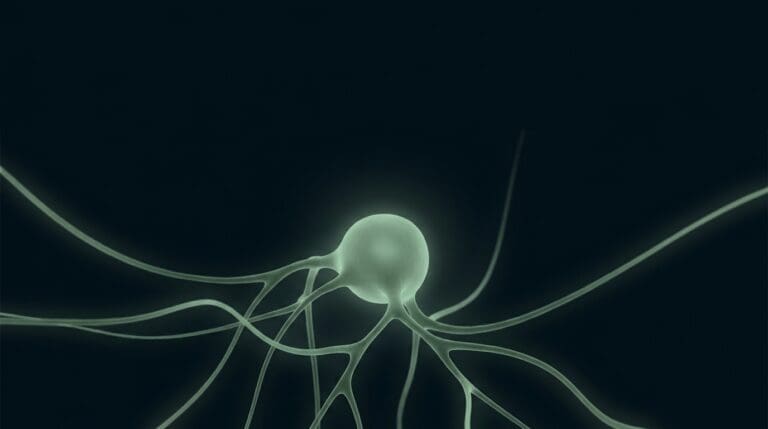Self-awareness and interoception, rendered as signals rising into a luminous central awareness in sage on navy.