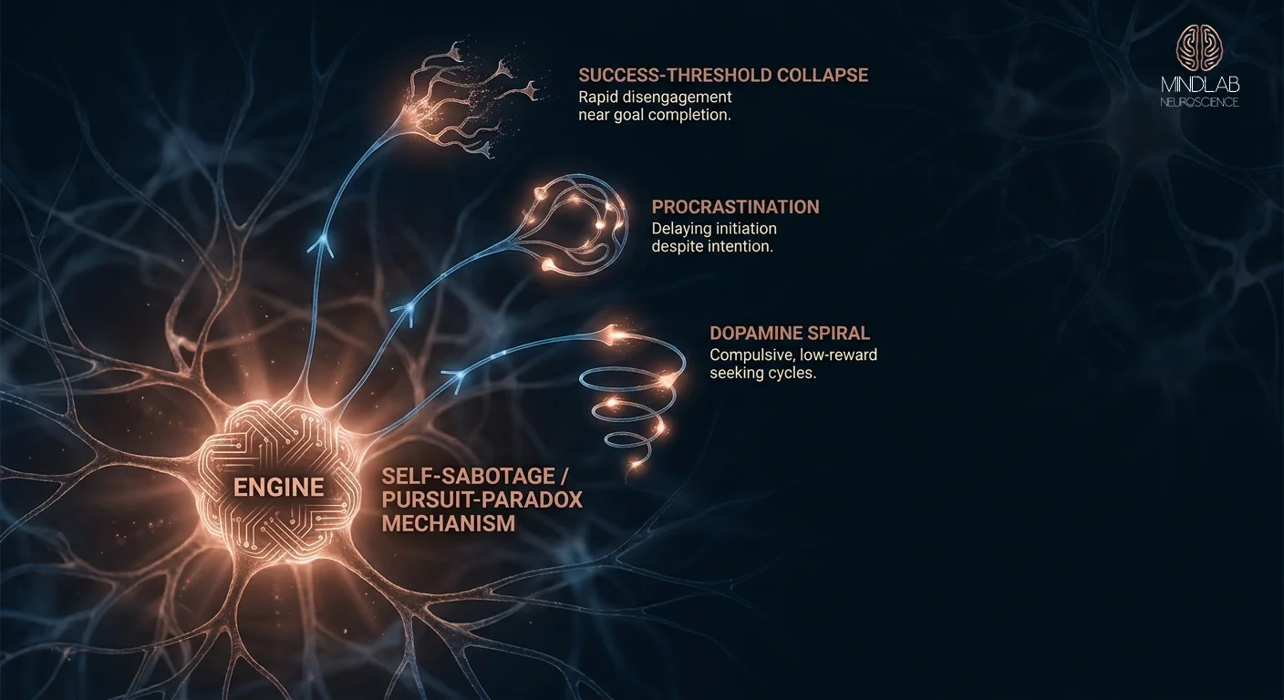 Diagram of one sabotage engine radiating into three faces, success threshold collapse, procrastination, dopamine spiral.