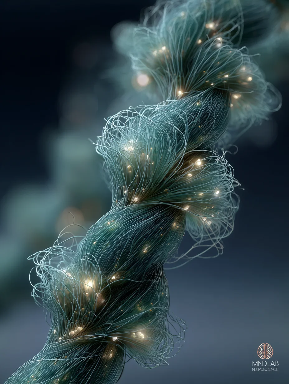 Close-up scientific rendering of the amygdala-medial-prefrontal white-matter tract – Dr. Sydney Ceruto, MindLAB Neuroscience.