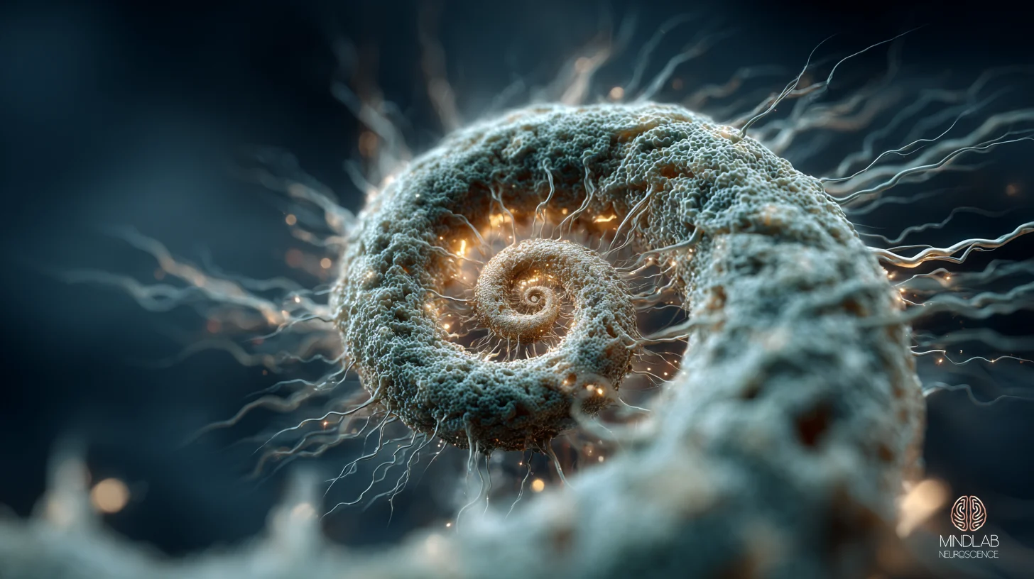 Atmospheric scientific rendering of the hippocampus and its cortical projection network during REM emotional consolidation – Dr. Sydney Ceruto, MindLAB Neuroscience.