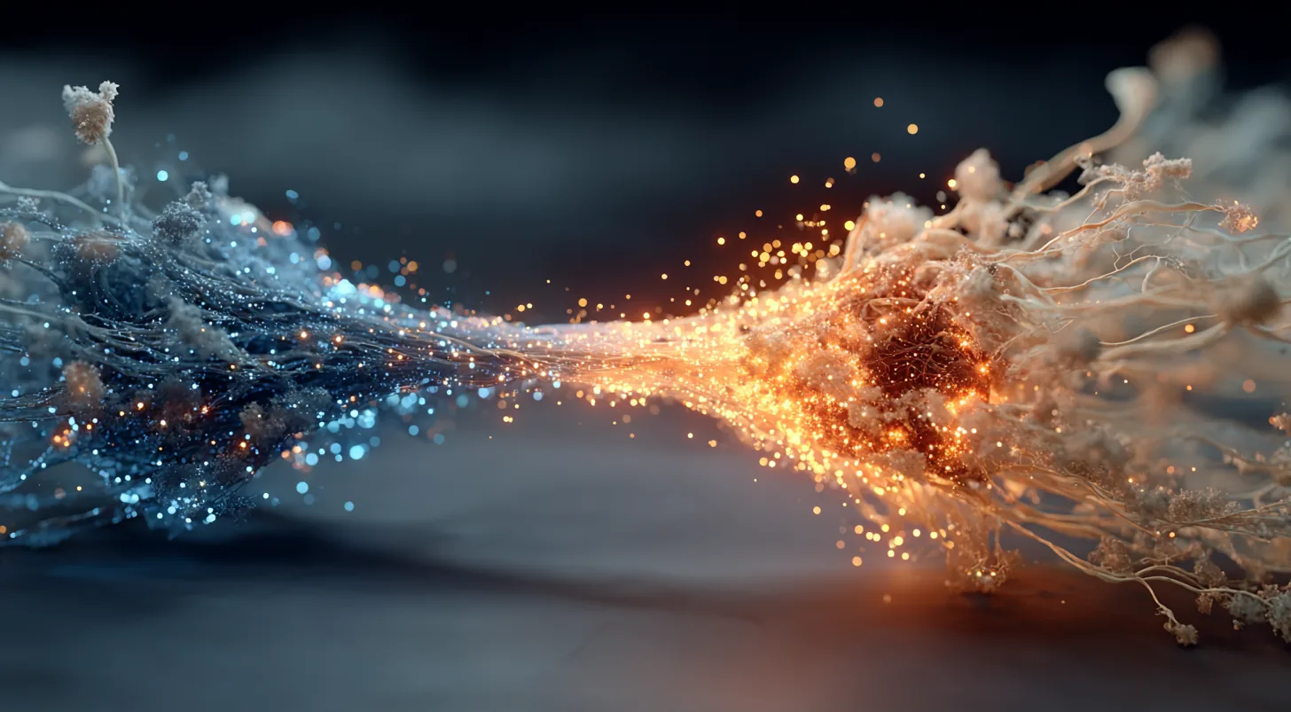 Two neural fields meeting as an agitated copper flare quiets into a calm blue field, the mechanism of social buffering.