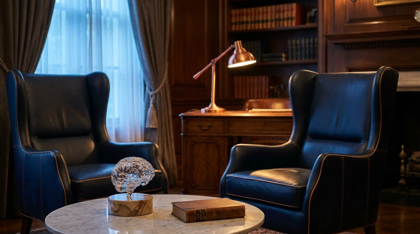 Two navy leather wingback chairs facing each other beside a crystal brain sculpture, evoking connection and co-regulation.
