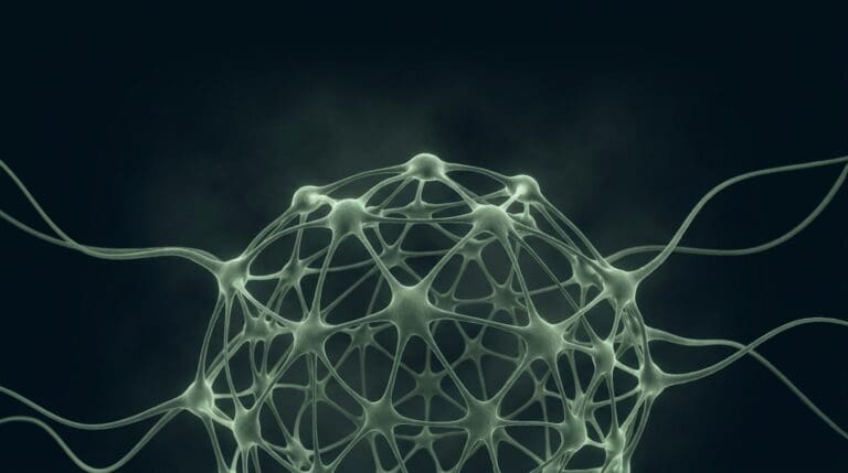 Social resilience and connection, rendered as a strong woven neural mesh in sage on navy.