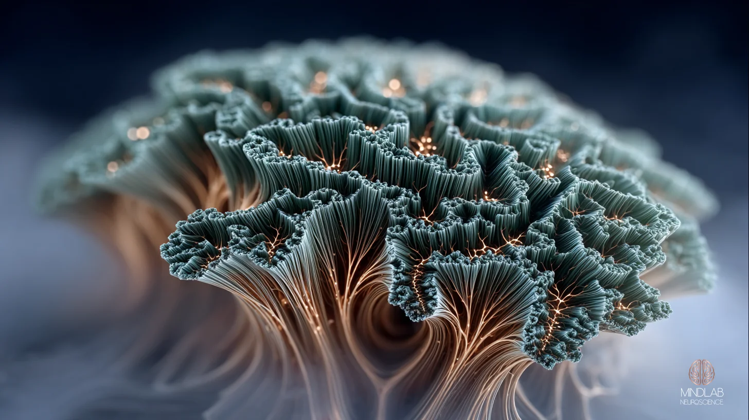 Macro visualization of the insular cortex, the deeply folded interoceptive region buried within the lateral sulcus that integrates visceral body signals into conscious feeling. Its gyri and sulci rise like cathedral vaulting, evoking the structure where the brain’s body-loop and as-if body-loop signals converge – Dr. Sydney Ceruto, MindLAB Neuroscience.