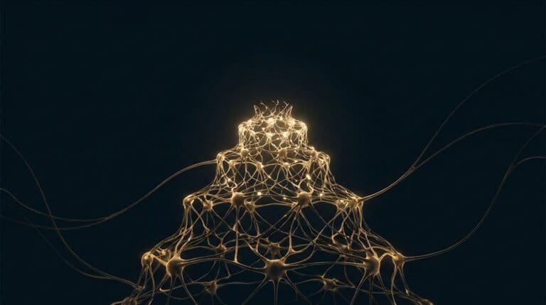 Strategic career architecture, rendered as ascending neural tiers in burnished gold on navy.
