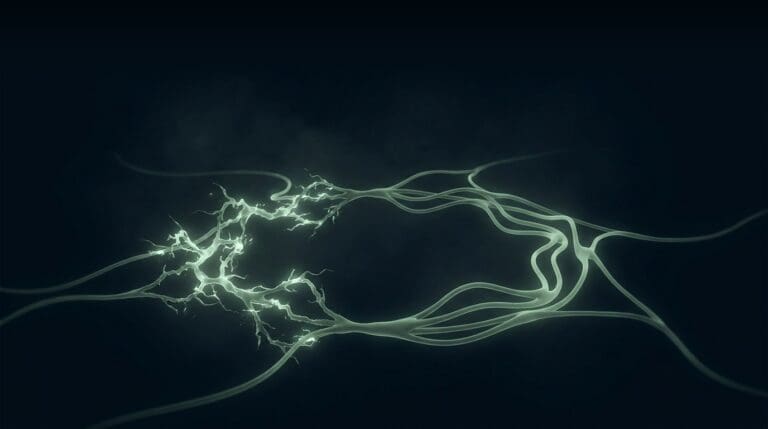 Stress and nervous system regulation, rendered as jagged arousal settling into a calm loop in sage on navy.