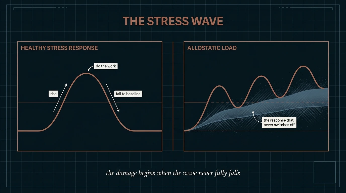 Infographic of a healthy stress wave rising and falling to baseline beside an allostatic-load wave that never fully falls