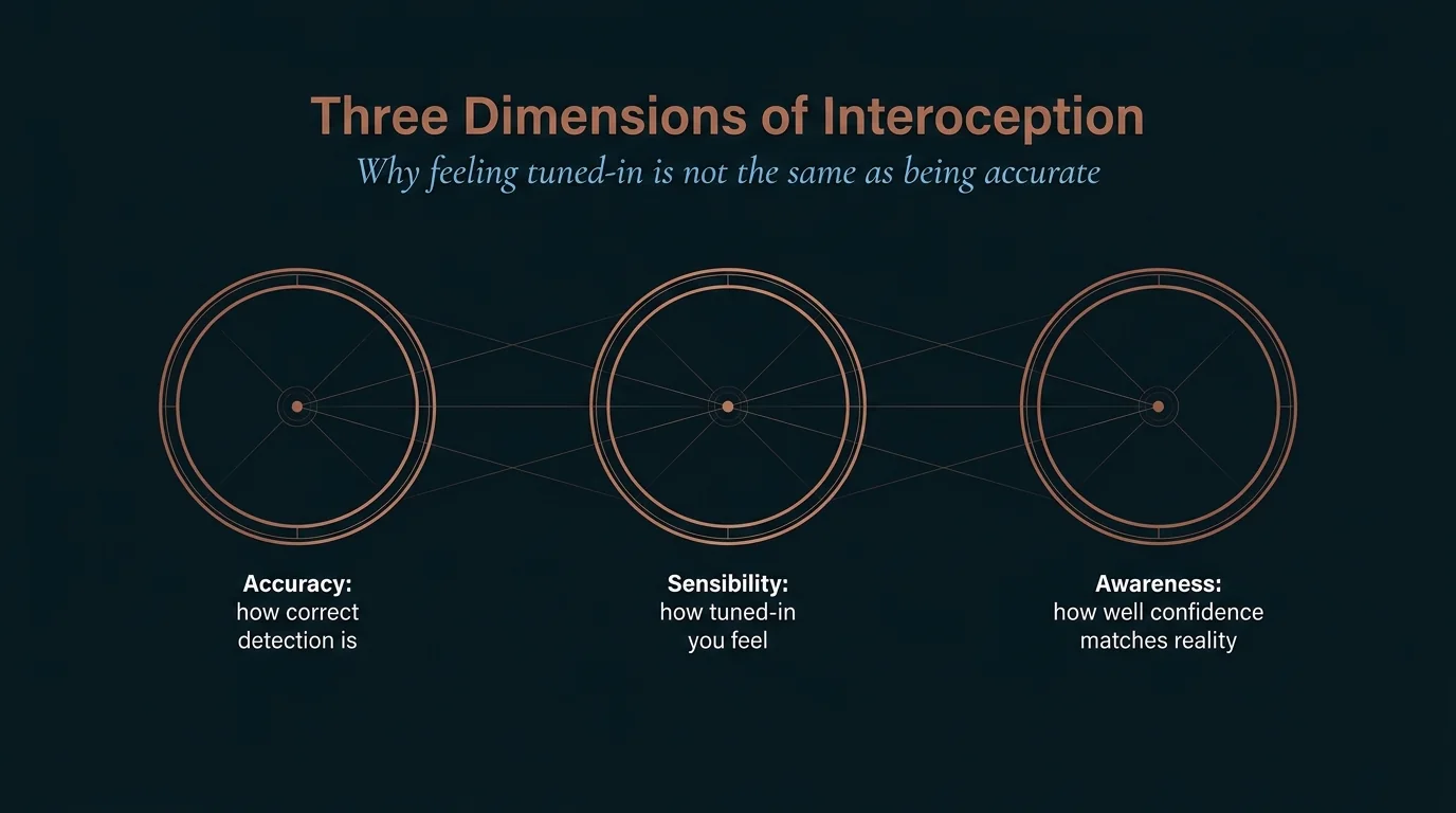 Navy diagram with three copper rings showing interoceptive accuracy, sensibility, and awareness as dissociable dimensions.