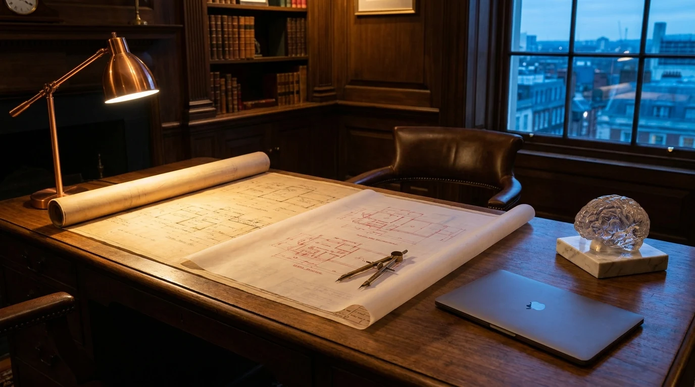 A draftsman's desk where an old blueprint is being redrawn over, evoking the brain updating a model it has already stored.