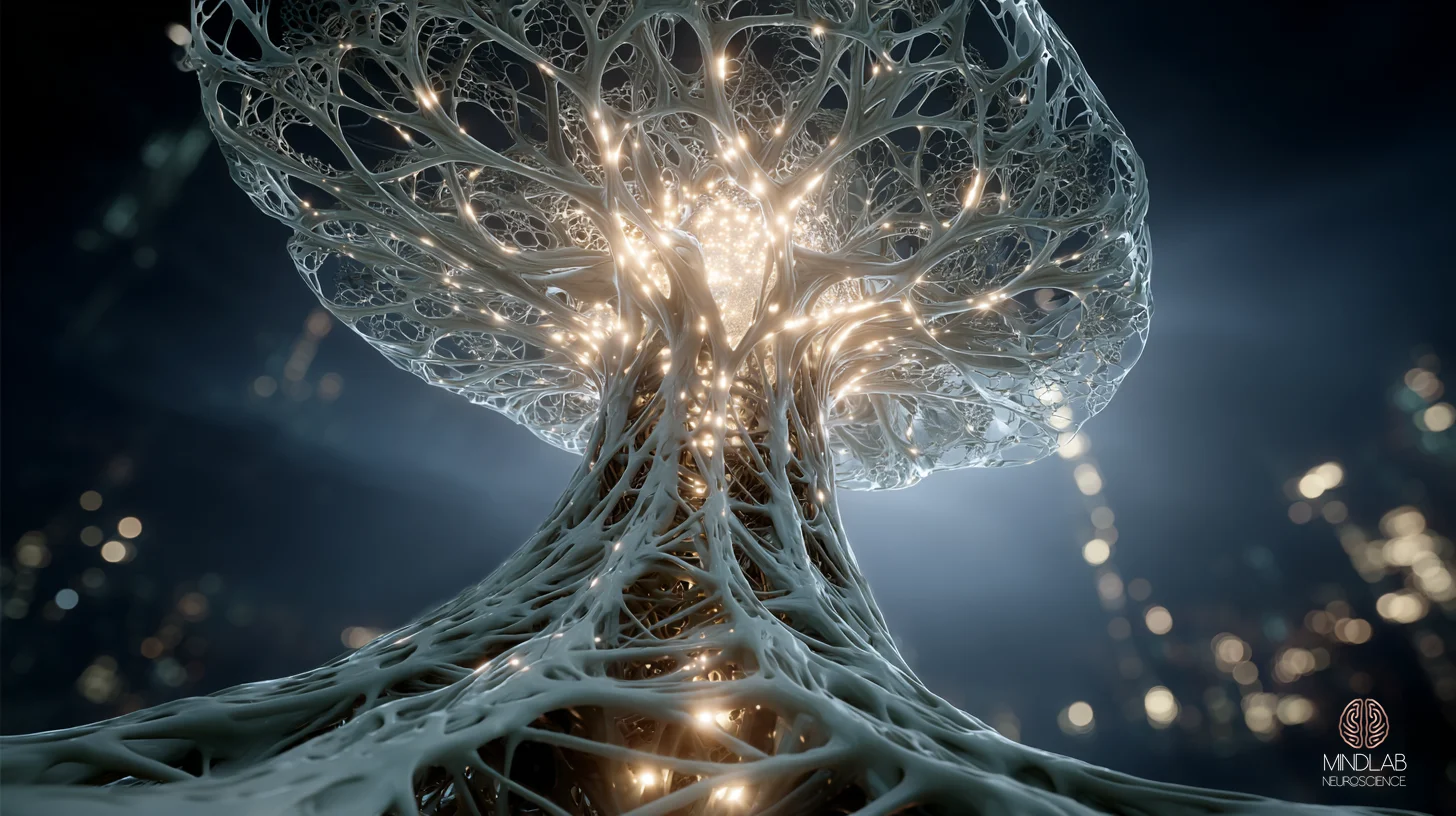 Atmospheric scientific rendering of the brainstem nucleus ambiguus visualized as a cathedral-like architectural column at the core of the social engagement system, with cranial nerve filaments radiating outward toward face, middle-ear, vocal, and cardiac destinations. Sage-green metallic structure rises through volumetric fog in a deep navy field, the integrative hub where ventral vagal output coordinates expression, prosody, and heart rhythm. – Dr. Sydney Ceruto, MindLAB Neuroscience.