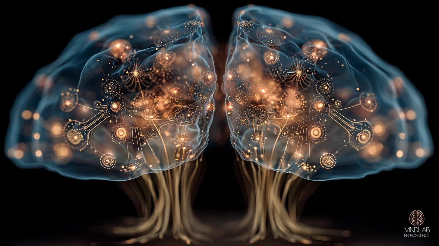 Copper neural architecture over navy depicting a miscalibrated salience network and an overactive anterior insula threshold.