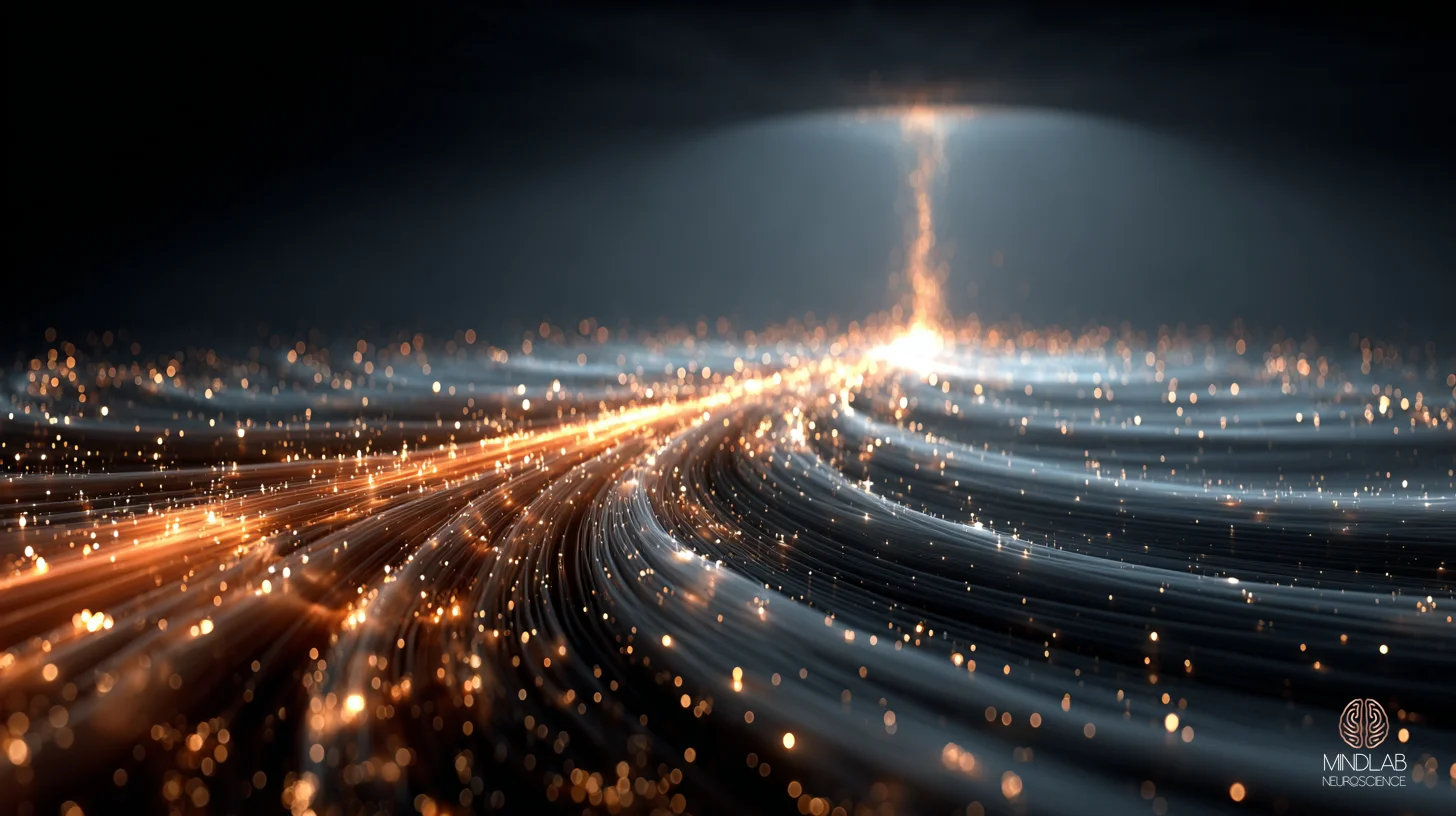 Atmospheric scientific rendering of the corticostriatal projection pathway, glutamatergic cortical fibers descending in parallel tracks from the cortical mantle into the dorsal striatum below. The image visualizes the intervention site where pattern interruption acts on the action repetition system, with signal flow rendered as flowing copper filament tracks against deep navy-black space – Dr. Sydney Ceruto, MindLAB Neuroscience.