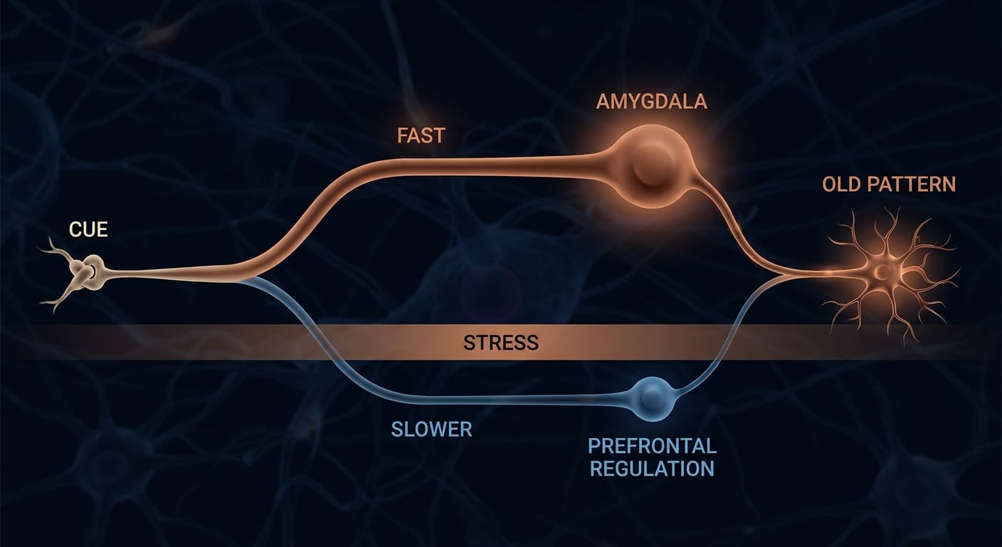 Diagram of a relational cue flagged by the amygdala as danger while stress dims the prefrontal regulation route and the old pattern fires.