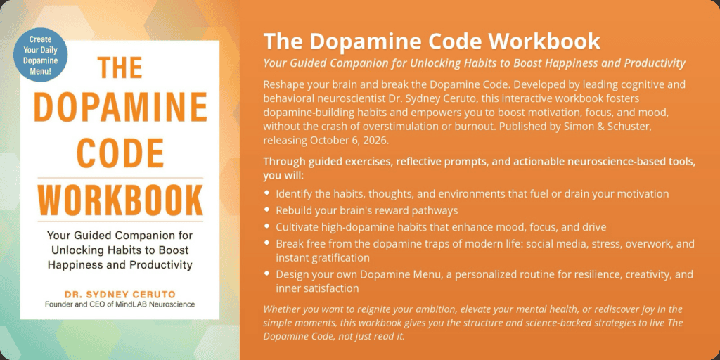 The Dopamine Code Workbook cover beside an overview of its guided exercises and personalized Dopamine Menu