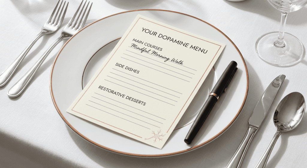 A fill-in "Your Dopamine Menu" card on a copper-rimmed plate with a pen: Main Courses, Side Dishes, Restorative Desserts