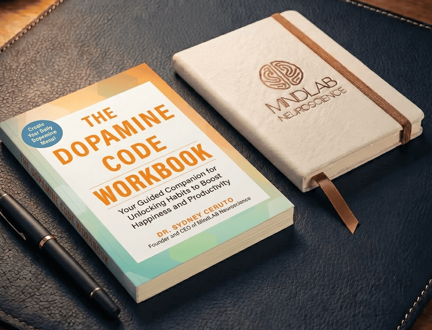The Dopamine Code Workbook by Dr. Sydney Ceruto: a trade paperback on a navy blotter beside a copper-foil MindLAB journal and pen