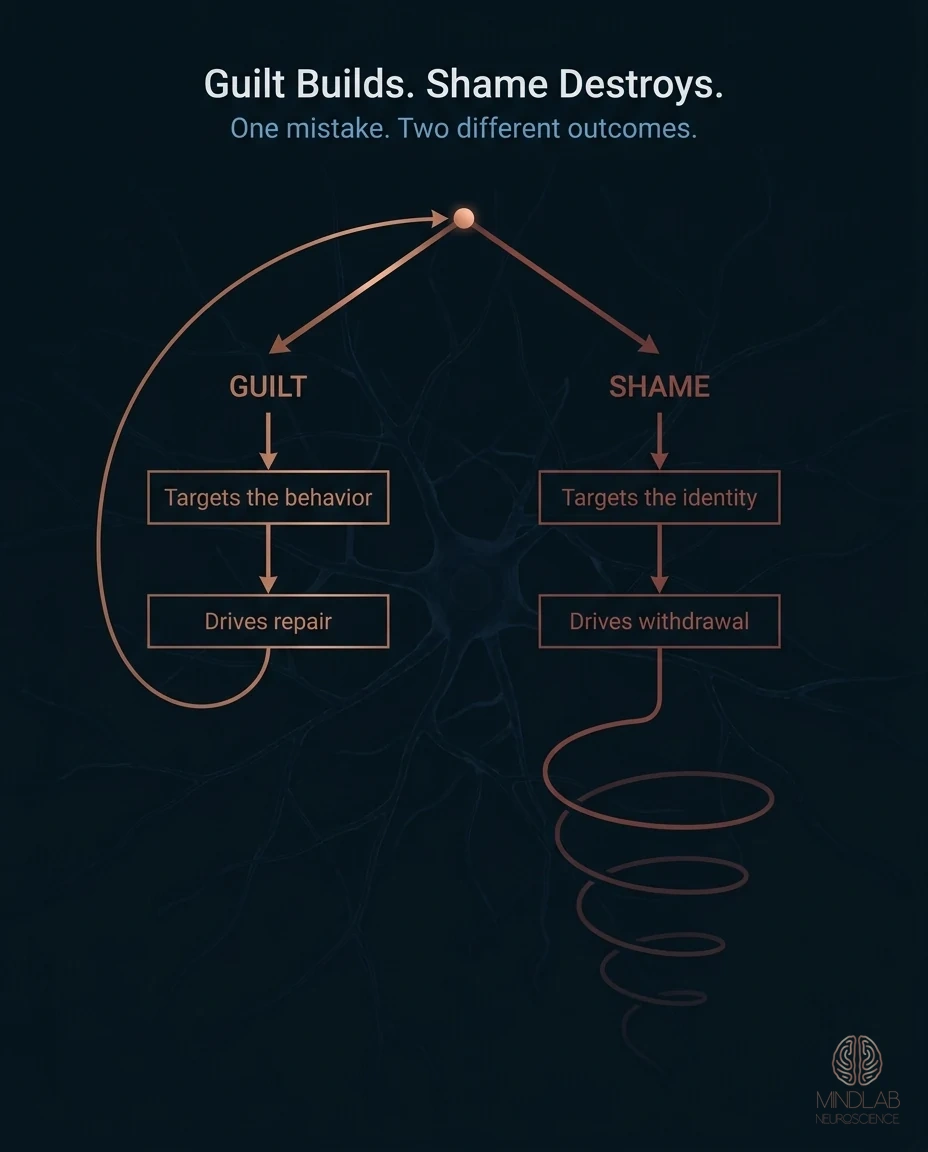 Diagram: one mistake branching into guilt, which loops back and closes, and shame, which spirals down