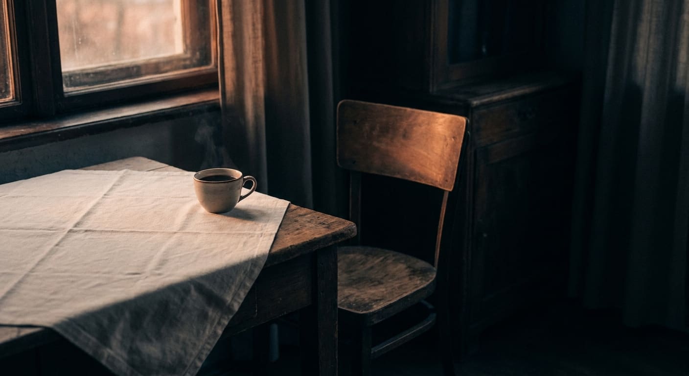 A single steaming cup on a linen-draped table beside an empty chair in warm low window light, understanding a pattern versus rewiring it.