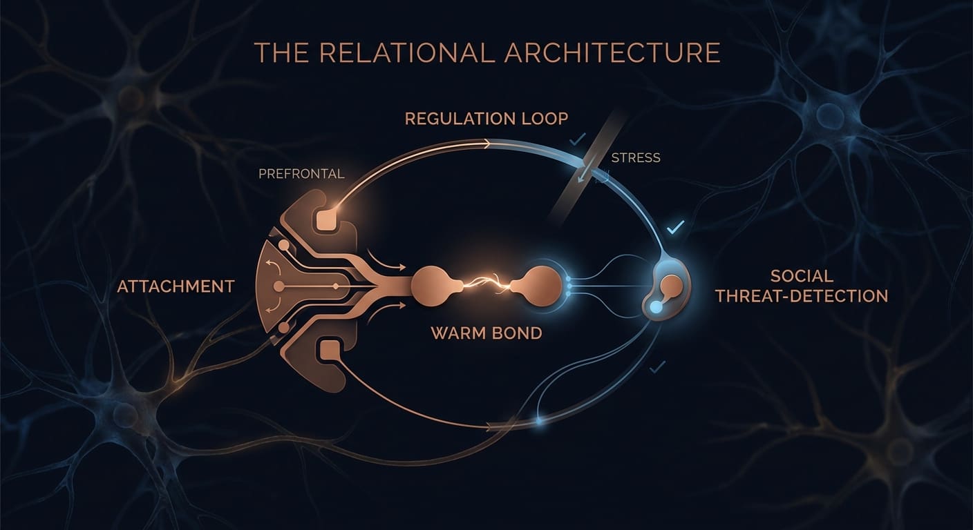 Relational architecture infographic: attachment, amygdala social threat-detection, and the prefrontal regulation loop around a bond.