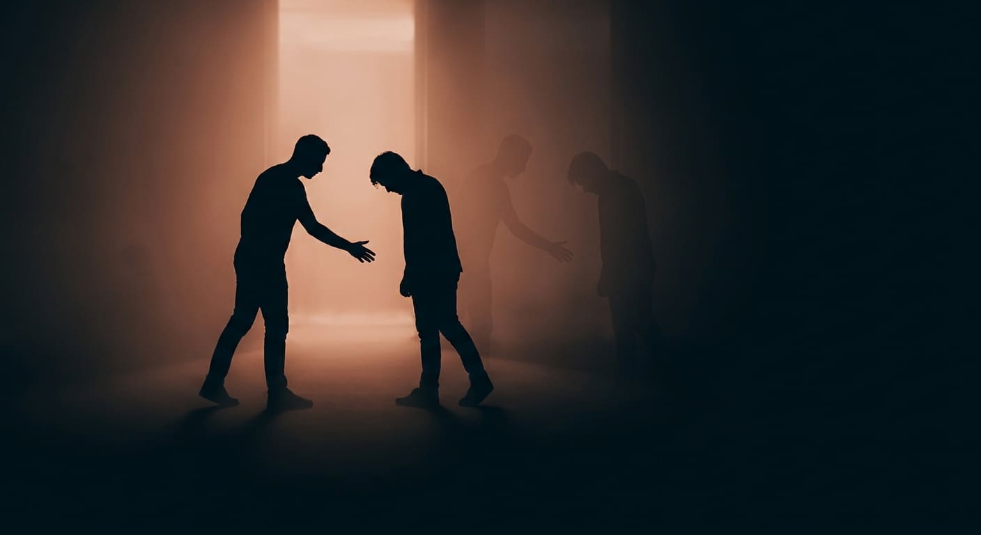 Two backlit silhouettes at a fixed distance, one reaching and one turning away, the same relationship pattern rhyming again.