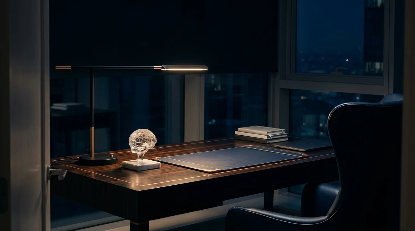 A private study high above a city at night, a single lamp still lit over an unused desk and an empty chair